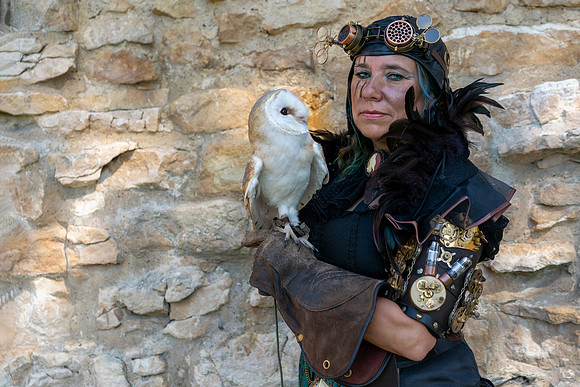 07 Bettina with a Barn Owl at The Asylum Steampunk Festival Lincoln 2019 © Bob Riach Jigsaw Photography LTD