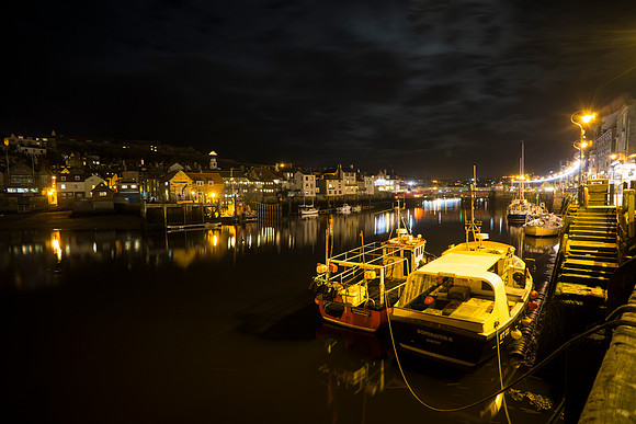 Whitby Harbour at Night By Bob Riach
